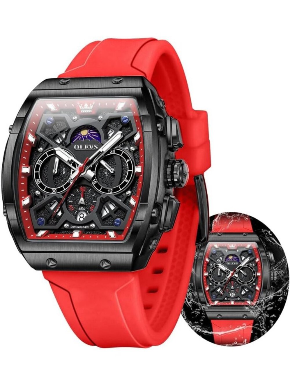 Mens Red Black Chronograph Waterproof Rectangle Moon Phase Luminous Quartz Watch